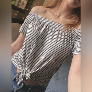 Off the shoulder striped front tie top